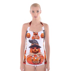 Funny Halloween Pumpkins Boyleg Halter Swimsuit  by gothicandhalloweenstore