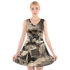 The Birth Of Christ V-neck Sleeveless Skater Dress by Valentinaart