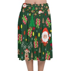 Santa And Rudolph Pattern Velvet Flared Midi Skirt by Valentinaart