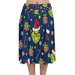 Grinch Pattern Velvet Flared Midi Skirt by Valentinaart