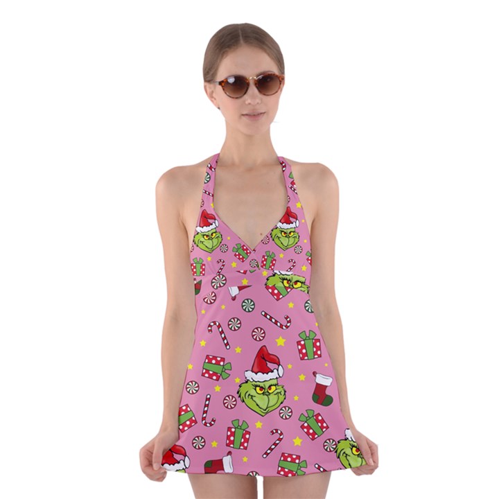 Grinch pattern Halter Dress Swimsuit 