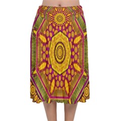 Sunshine Mandala And Other Golden Planets Velvet Flared Midi Skirt by pepitasart