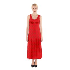 Small Christmas Green Polka Dots On Red Sleeveless Maxi Dress by PodArtist