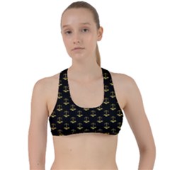 Gold Scales Of Justice On Black Repeat Pattern All Over Print  Criss Cross Racerback Sports Bra by PodArtist