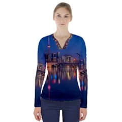 Buildings Can Cn Tower Canada V-neck Long Sleeve Top by Celenk