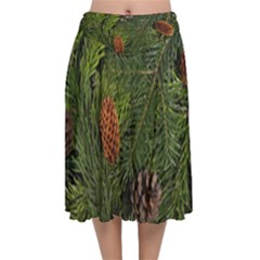 Branch Christmas Cone Evergreen Velvet Flared Midi Skirt by Celenk