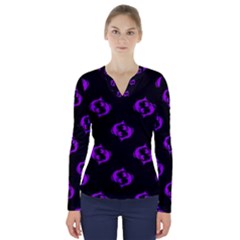 Purple Pisces On Black Background V-neck Long Sleeve Top by allthingseveryone