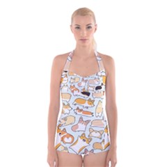 Corgilicious Corgi Doodle Art Boyleg Halter Swimsuit  by Celenk