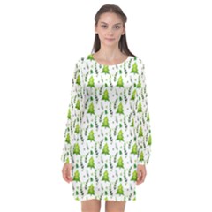 Watercolor Christmas Tree Long Sleeve Chiffon Shift Dress  by patternstudio