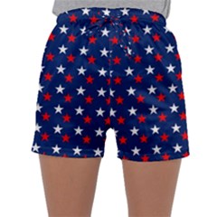 Patriotic Red White Blue Stars Blue Background Sleepwear Shorts by Celenk