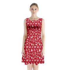 Red Christmas Pattern Sleeveless Waist Tie Chiffon Dress by patternstudio