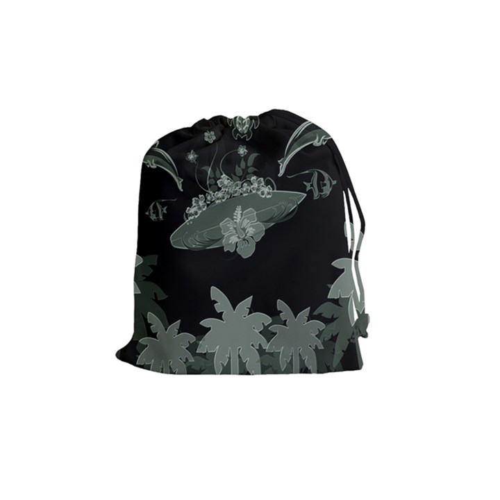 Surfboard With Dolphin, Flowers, Palm And Turtle Drawstring Pouches (Medium) 