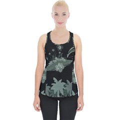 Surfboard With Dolphin, Flowers, Palm And Turtle Piece Up Tank Top by FantasyWorld7