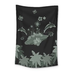 Surfboard With Dolphin, Flowers, Palm And Turtle Small Tapestry by FantasyWorld7