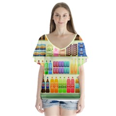 Supermarket Shelf Products Snacks V-neck Flutter Sleeve Top by Celenk