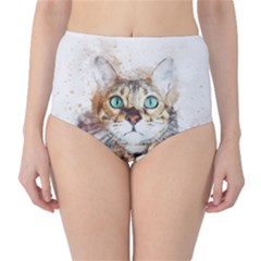 Cat Animal Art Abstract Watercolor High-waist Bikini Bottoms by Celenk