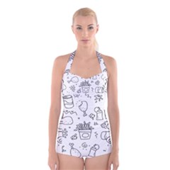 Set Chalk Out Scribble Collection Boyleg Halter Swimsuit  by Celenk