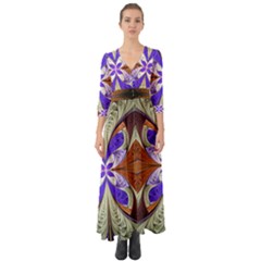 Fractal Splits Silver Gold Button Up Boho Maxi Dress by Celenk