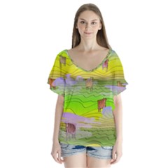 Cows And Clouds In The Green Fields V-neck Flutter Sleeve Top by CosmicEsoteric