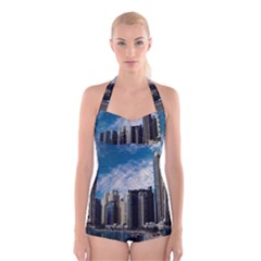 Skyscraper City Architecture Urban Boyleg Halter Swimsuit  by Celenk