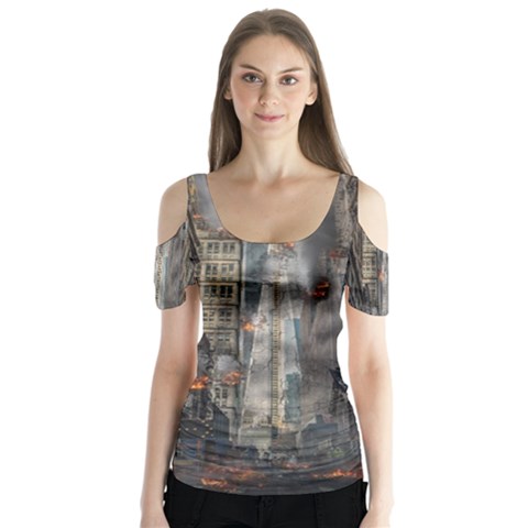 Destruction War Conflict Death Butterfly Sleeve Cutout Tee  by Celenk