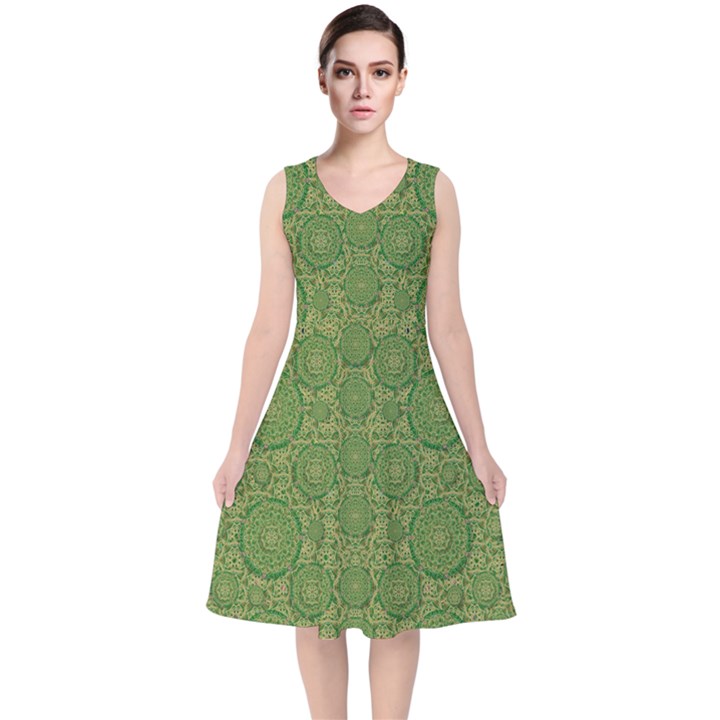 Stars In The Wooden Forest Night In Green V-Neck Midi Sleeveless Dress 