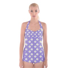 Daisy Dots Violet Boyleg Halter Swimsuit  by snowwhitegirl