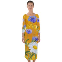 Flowers Daisy Floral Yellow Blue Quarter Sleeve Midi Bodycon Dress by Nexatart