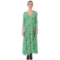 Pink Flowers Green Big Button Up Boho Maxi Dress by snowwhitegirl