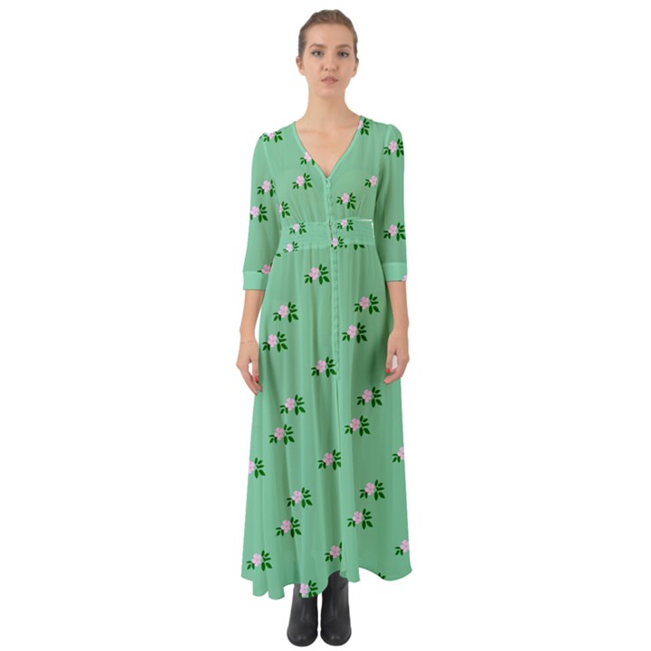 Pink Flowers Green Big Button Up Boho Maxi Dress