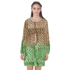 Knitted Wool Square Beige Green Long Sleeve Chiffon Shift Dress  by snowwhitegirl