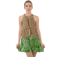 Knitted Wool Square Beige Green Halter Tie Back Chiffon Dress by snowwhitegirl