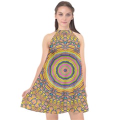 Wood Festive Rainbow Mandala Halter Neckline Chiffon Dress  by pepitasart