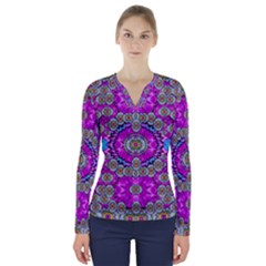 Spring Time In Colors And Decorative Fantasy Bloom V-neck Long Sleeve Top by pepitasart