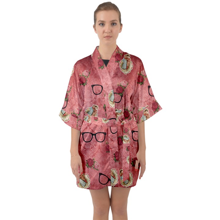 Vintage Glasses Rose Quarter Sleeve Kimono Robe