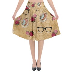 Vintage Glasses Beige Flared Midi Skirt by snowwhitegirl