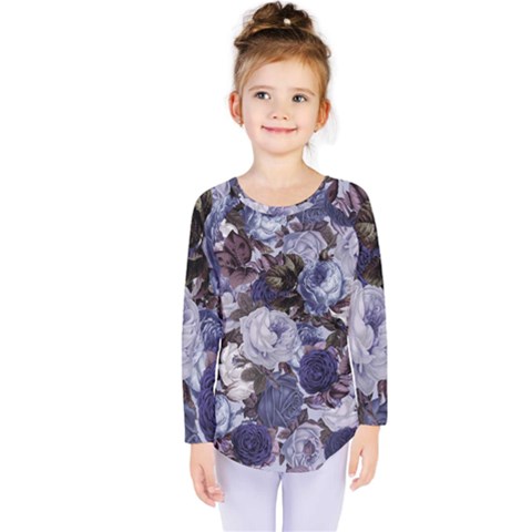 Rose Bushes Blue Kids  Long Sleeve Tee by snowwhitegirl