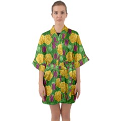 Roses Dancing On  Tulip Fields Forever Quarter Sleeve Kimono Robe by pepitasart