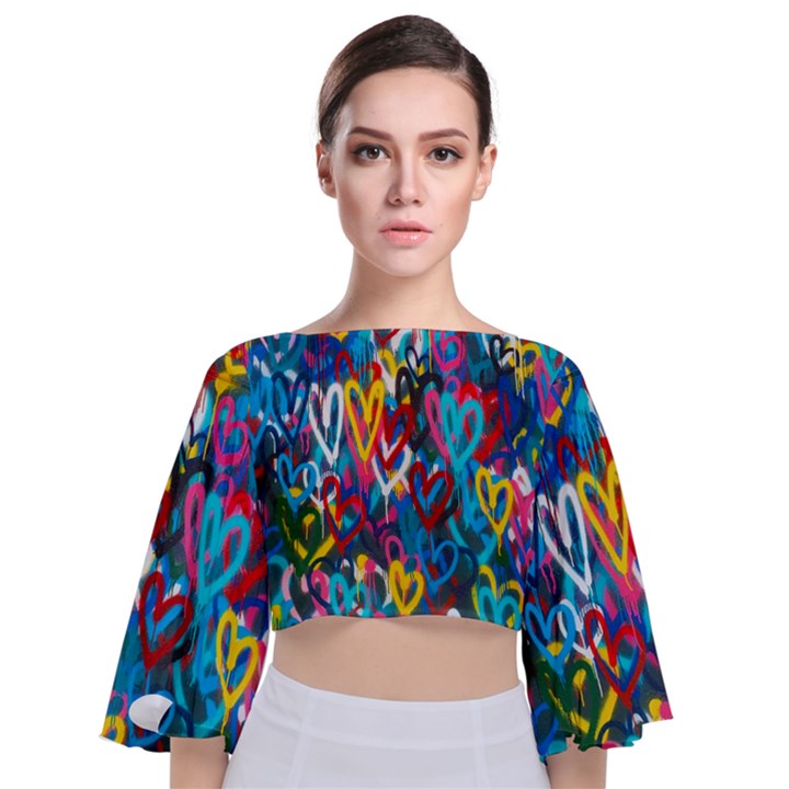 Graffiti Hearts Street Art Spray Paint Rad Tie Back Butterfly Sleeve Chiffon Top