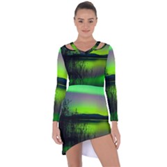 Green Northern Lights Canada Asymmetric Cut-out Shift Dress by Sapixe