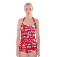 Keep Calm And Carry On Boyleg Halter Swimsuit  by Sapixe