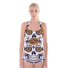 Sugar Skull Boyleg Halter Swimsuit  by StarvingArtisan