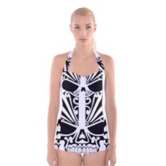 Tribal Sugar Skull Boyleg Halter Swimsuit  by StarvingArtisan