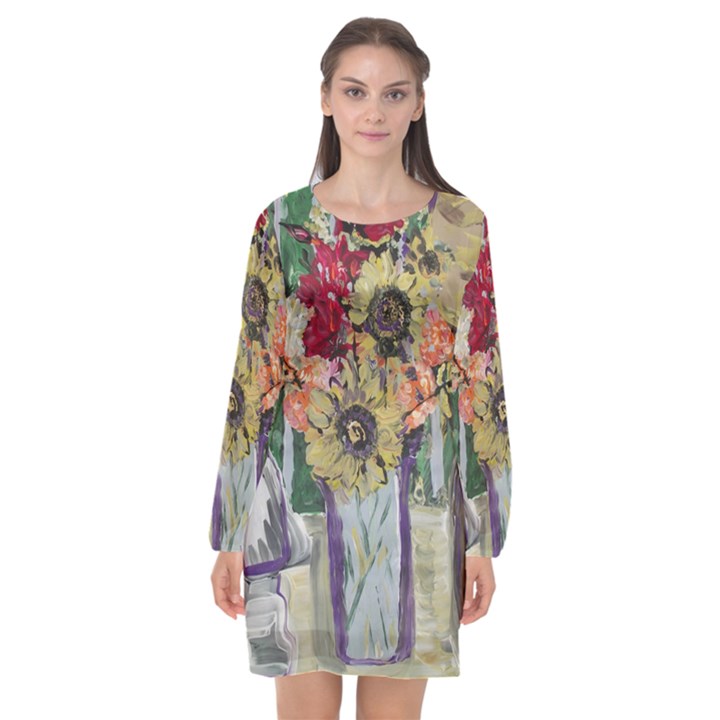 Sunflowers And Lamp Long Sleeve Chiffon Shift Dress 