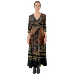 Cityscape Night Buildings Button Up Boho Maxi Dress by Simbadda