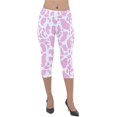 White Pink Cow Print Lightweight Velour Capri Leggings  by LoolyElzayat