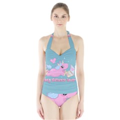 Long Distance Lover - Cute Unicorn Halter Swimsuit by Valentinaart