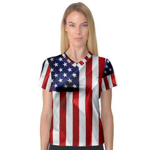 American Usa Flag Vertical V-neck Sport Mesh Tee by FunnyCow