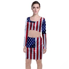 American Usa Flag Vertical Long Sleeve Crop Top & Bodycon Skirt Set by FunnyCow