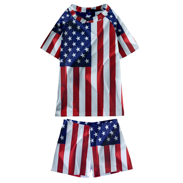 American Usa Flag Vertical Kids  Swim Tee and Shorts Set